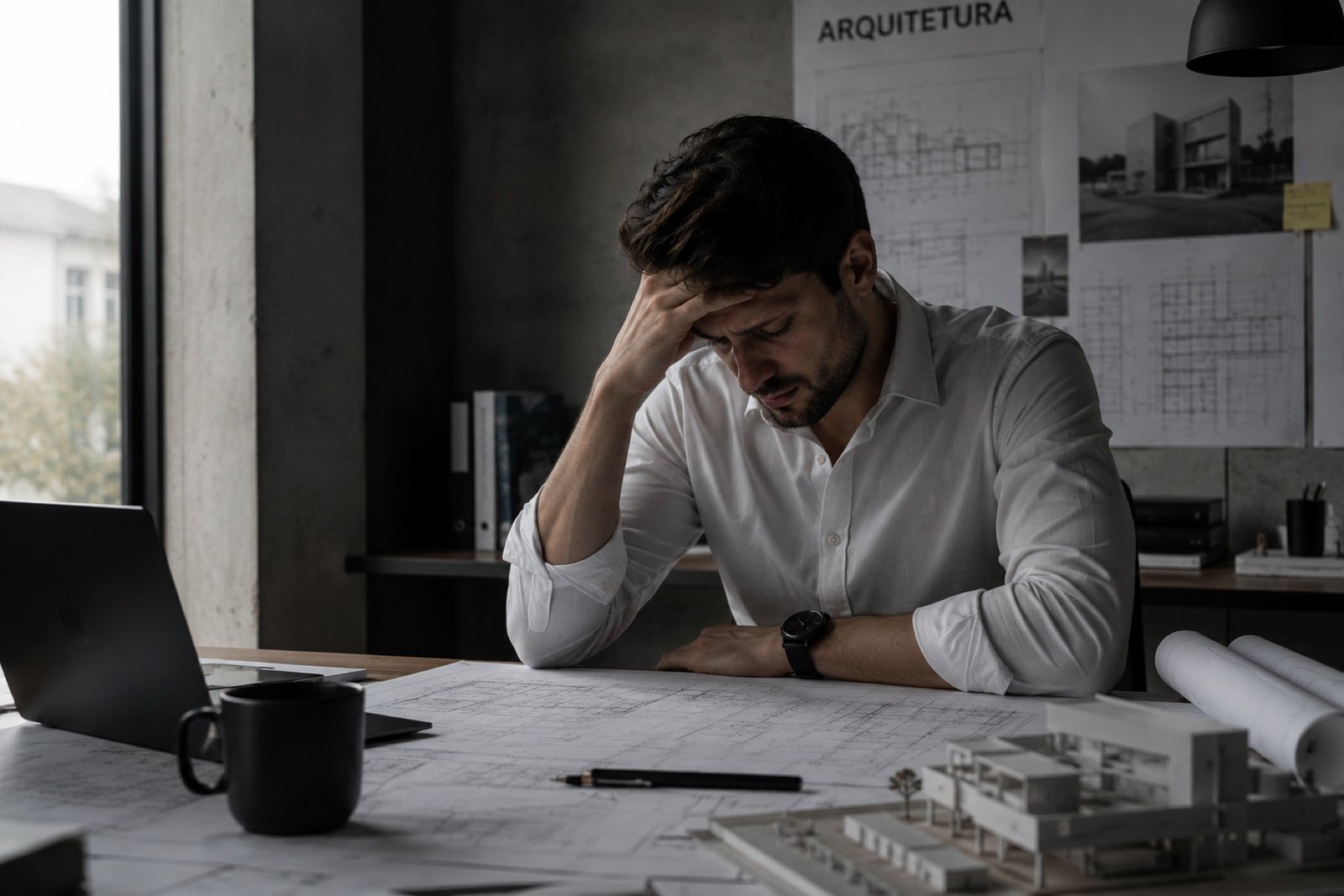 Arquiteto revendo anotações, em dúvida sobre como divulgar o trabalho